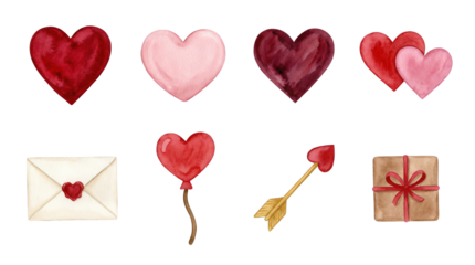 Watercolor heart set including balloons, envelope, gift box, and arrow isolated. Romantic valentine and wedding clip art collection.