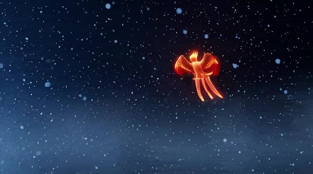 Fiery Phoenix Perched on Icy Branch During Snowy Night, Mystical Bird of Fire and Rebirth in Winter