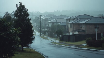 Heavy rain falling on a quiet suburban street moody atmospheric neighborhood housing