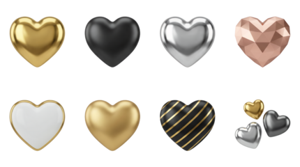 Metallic heart set including gold, silver, black, rose gold, and striped variants isolated. Romantic 3d luxury elements for valentines day and wedding design.