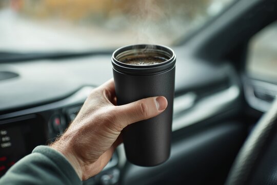 Hand holding steaming coffee commuter cup while driving