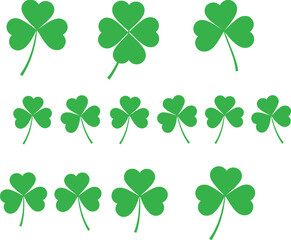 Green Four Leaf Clover Icons Set for St Patrick Day Lucky Symbol Vector Illustration.