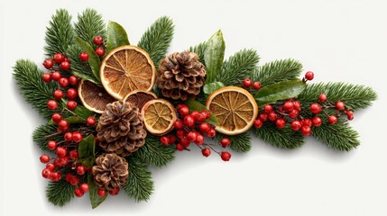 A beautiful arrangement of festive elements for the holiday season. The image showcases pinecones, dried oranges, and vibrant red berries. Perfect for seasonal decor. Generative AI