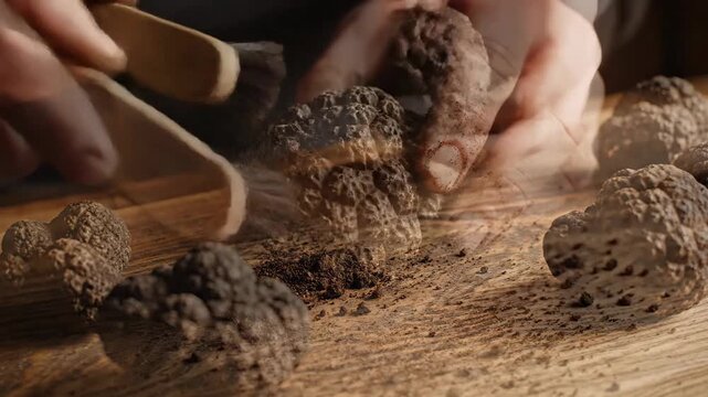 Close-up of hands gently brushing dirt off fresh, dark truffles on a rustic wooden board, ready for culinary preparation.