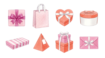 Pink gift box set including heart, pyramid, round, and square packages isolated. Romantic present and holiday celebration collection.