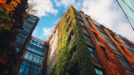 A stunning view of modern architecture intertwined with nature. Vivid greens climb the brick fa&ccedil;ade. This image captures the harmony of urban living and natural elements. Generative AI
