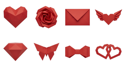 Red origami paper set including heart, rose, envelope, butterfly, diamond, and bow shapes isolated. Valentine and romantic handicraft collection.