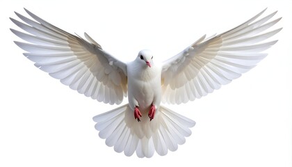 Obraz premium A white bird with spread wings is captured in flight against a white background