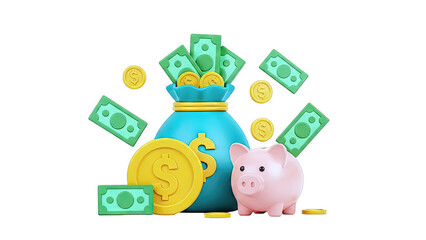 Piggy Bank and Money Bag with Cash and Coins