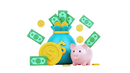 Piggy Bank and Money Bag with Cash and Coins