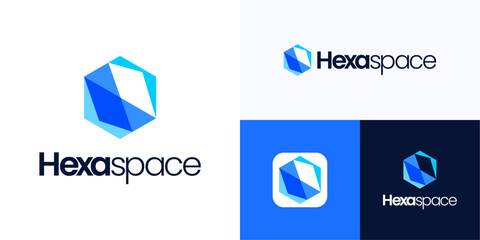 Modern hexagon with overlapping flat color shapes, Logo icon design vector illustration, Creative symbol geometric polygon negative space clean futuristic look for technology, brand identity business