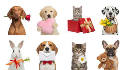 Cute pet animal set including dogs, cats, and rabbit with flowers, gifts, and heart isolated. Valentine and holiday gift collection.