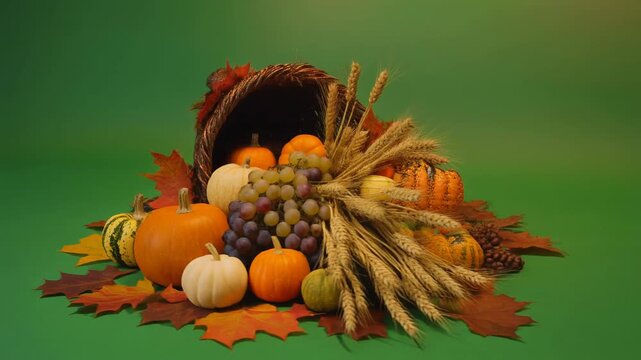 Still life of a cornucopia filled with fruits and vegetables surrounded by autumn leaves on a green background.
