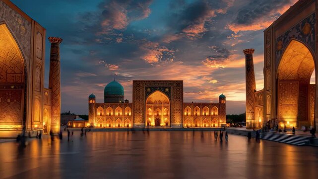 Stunning view of registan square in samarkand, uzbekistan at sunset with illuminated madrassas and dramatic sky, 4k video