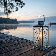 Serene lake dock with lantern at sunset