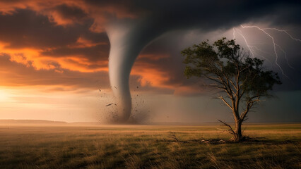 Tornado approaching in the field with lightning