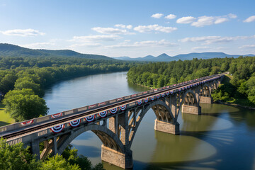 Obraz premium long bridge over river adorned with american flags and patriotic bunting under clear sky