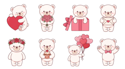 Cute white teddy bear set including heart, flowers, gift box, letter, crown, cupcake, balloons, and bowtie variants. Romantic valentine and anniversary illustration collection.