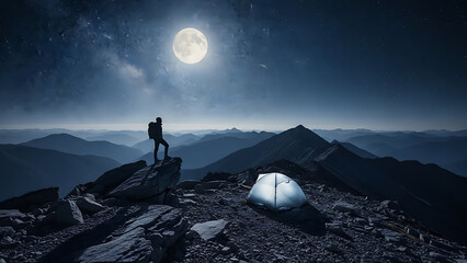Moonlit Mountain Ridge Silhouette with Hiker and Camping Tent - Night Adventure Photography