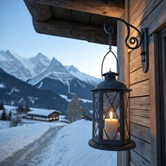 Cozy mountain cabin with lantern and snow covered peaks
