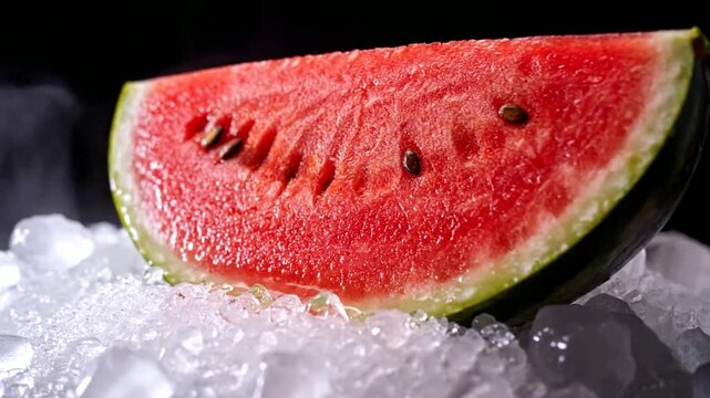 A vibrant red slice of fresh watermelon with visible seeds, resting on a bed of crushed ice, suggesting a refreshing summer treat.