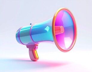 Glossy, stylized megaphone in vibrant blue, pink, and orange