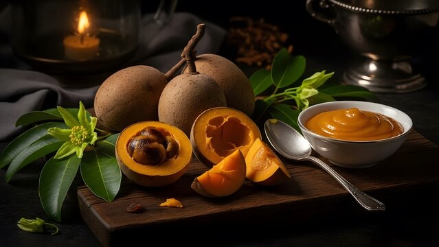 Mamey Sapote Fruit and Puree with Candlelight Keywords: mamey sapote, fruit, tropical fruit