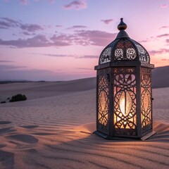 Beautiful lantern in desert at sunset with intricate design