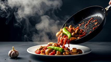 authentic Turkish mantar sote (mushroom saut&eacute;), steam rising from the juicy mix of mushrooms, green peppers, tomatoes, and garlic in a rich tomato paste sauce 