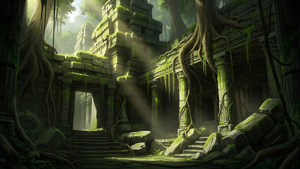 Abandoned Overgrown Fantasy Ruins in Deep Forest with Vines and Mystery - Adventure Game Scene