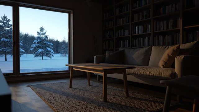 Cozy Winter Retreat: Interior View of Snowy Landscape