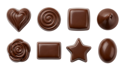 Assorted gourmet chocolate set including heart, swirl, square, truffle, rose, rectangle, star, and oval shapes isolated. Sweet candy and confectionery collection.