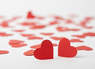Two red hearts standing together among scattered hearts