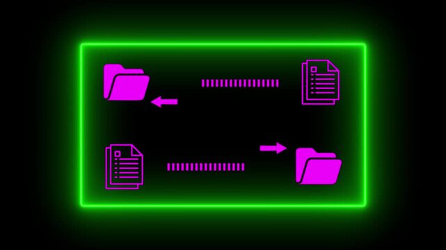 File Transfer Process Neon Folders and Documents Moving Between Locations on Black Background with Green Outline