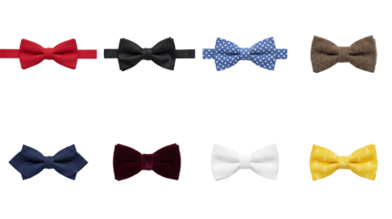 Formal bow tie set including silk, velvet, tweed, and patterned variants isolated. Elegant mens fashion accessories and wedding attire collection.