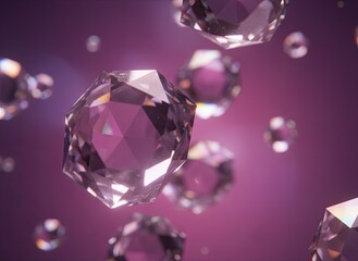 Diamonds floating in mid-air on purple background with light reflections