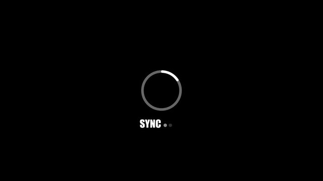 Loading synchronization progress bar animation with sync text and dots on black background