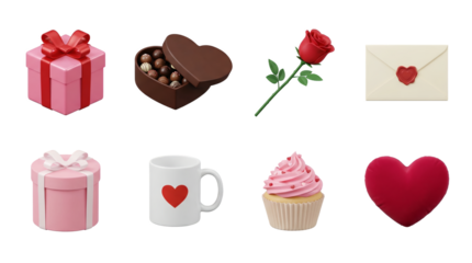 Valentine's Day gift set including red rose, chocolate box, presents, cupcake, mug, envelope, and heart pillow isolated. Romantic holiday celebration and anniversary collection.
