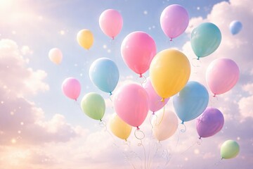 Vibrant balloons floating in sunny sky with fluffy clouds