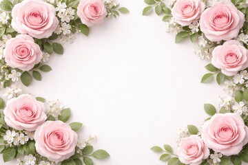 Pink roses and white flowers on white background