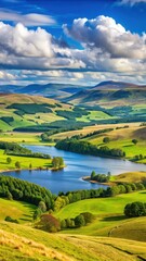 Natural beauty of rolling hills and lochs in Scottish countryside