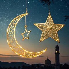 Golden crescent moon and star decorations hanging at night