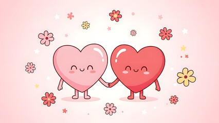 Cute Cartoon Couple Hearts Holding Hands with Smiling Faces Surrounded by Flowers and Stars Kawaii Valentine's Day Love Illustration Pink Background Vector Graphic HD Wallpaper Stock Art
