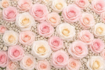 Beautiful pink and white roses with baby's breath flowers arrangement