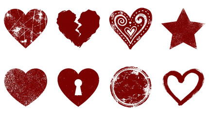 Red heart and star stamp set including distressed, hand drawn, ornate, and keyhole motifs isolated. Valentine day and romantic design elements collection.