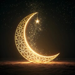 Golden crescent moon glowing brightly in starry night sky