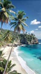 Escape to Paradise Serene beach scene with crystalclear turquoise waters and lush tropical greenery surrounded by swaying palm trees and dramatic c