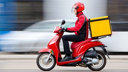 Professional delivery man riding red scooter with yellow thermal box