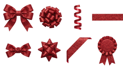 Red glitter ribbon set including classic bow, rosette, curly strand, and gift knot isolated. Festive holiday and christmas decoration collection.
