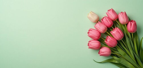 Elegant bouquet of vibrant pink and white tulips on a serene mint green background. Perfect for spring holidays, Mother's Day, Women's Day, and romantic celebrations with ample copy space.